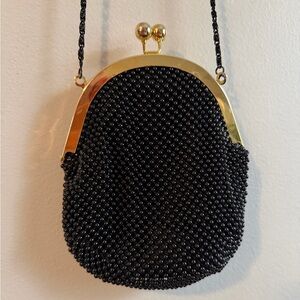 Vintage Black Beaded Clutch Mesh Purse w Shoulder Strap